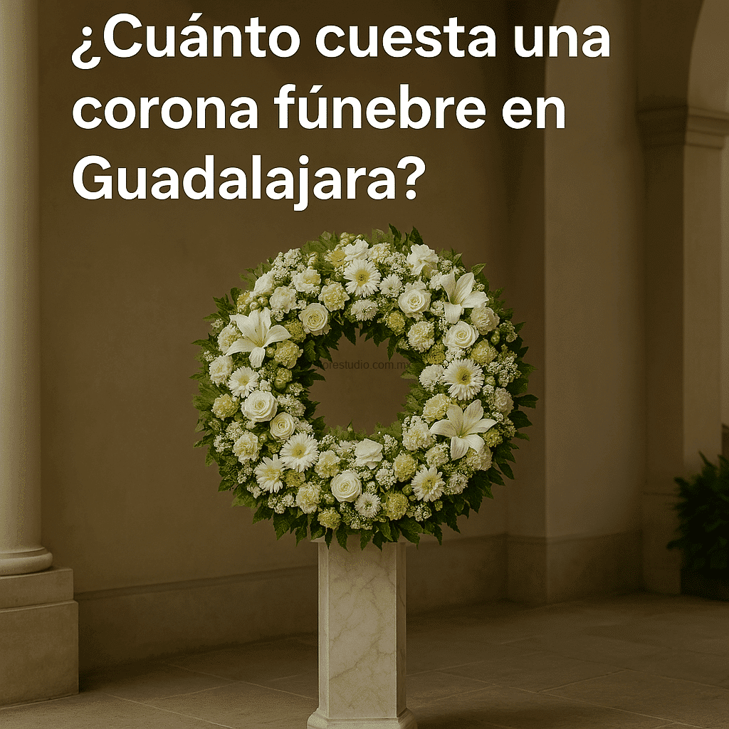 Corona fúnebre de flores blancas sobre un pedestal