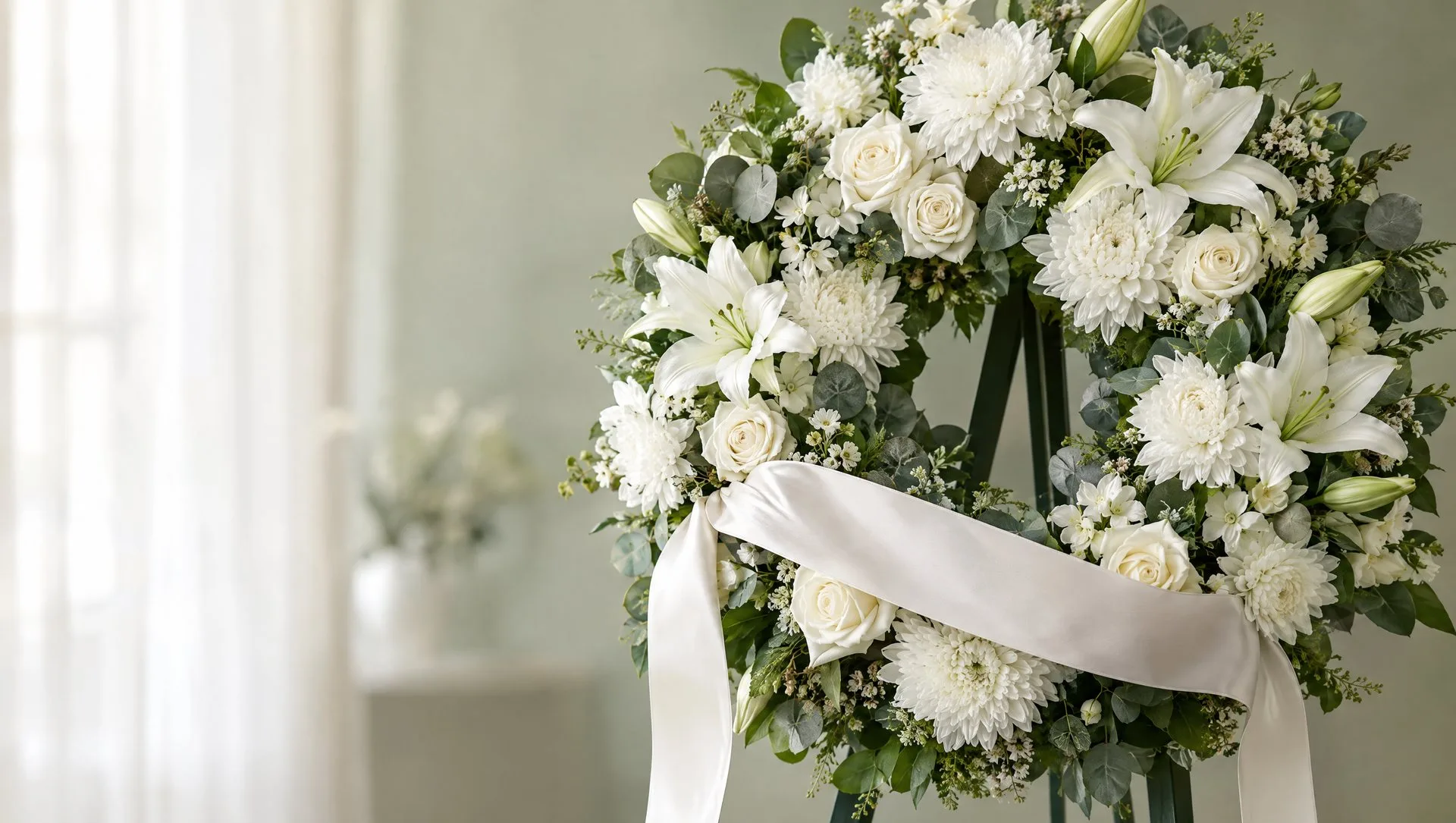 Corona fúnebre de flores blancas con un listón de satín en blanco, listo para la dedicatoria