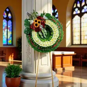 Corona Fúnebre Cruz de Vida Eterna, Rosas y Girasoles