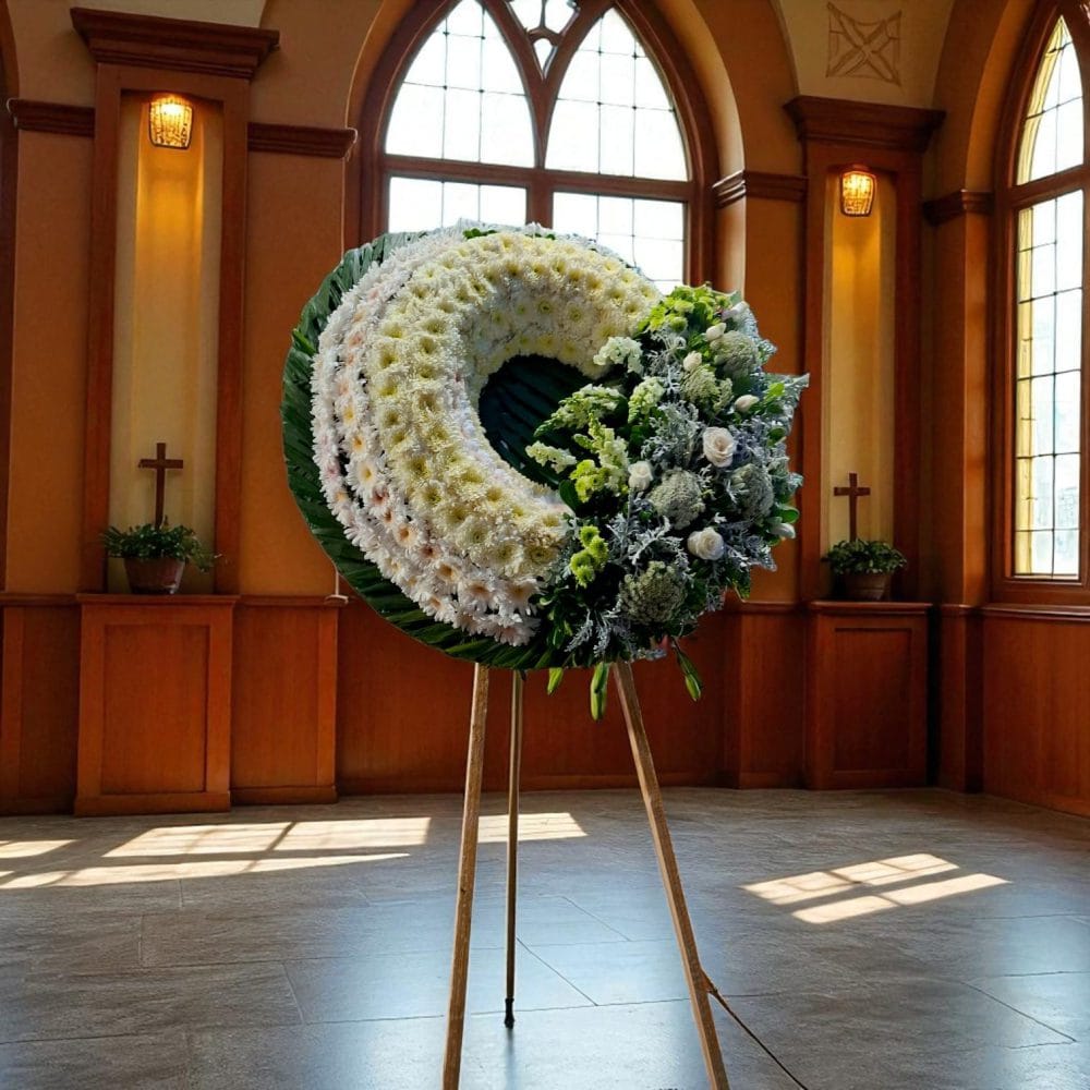 Corona Fúnebre Manto de Gracia Divina, Vuelta Celestial de Flor Blanca