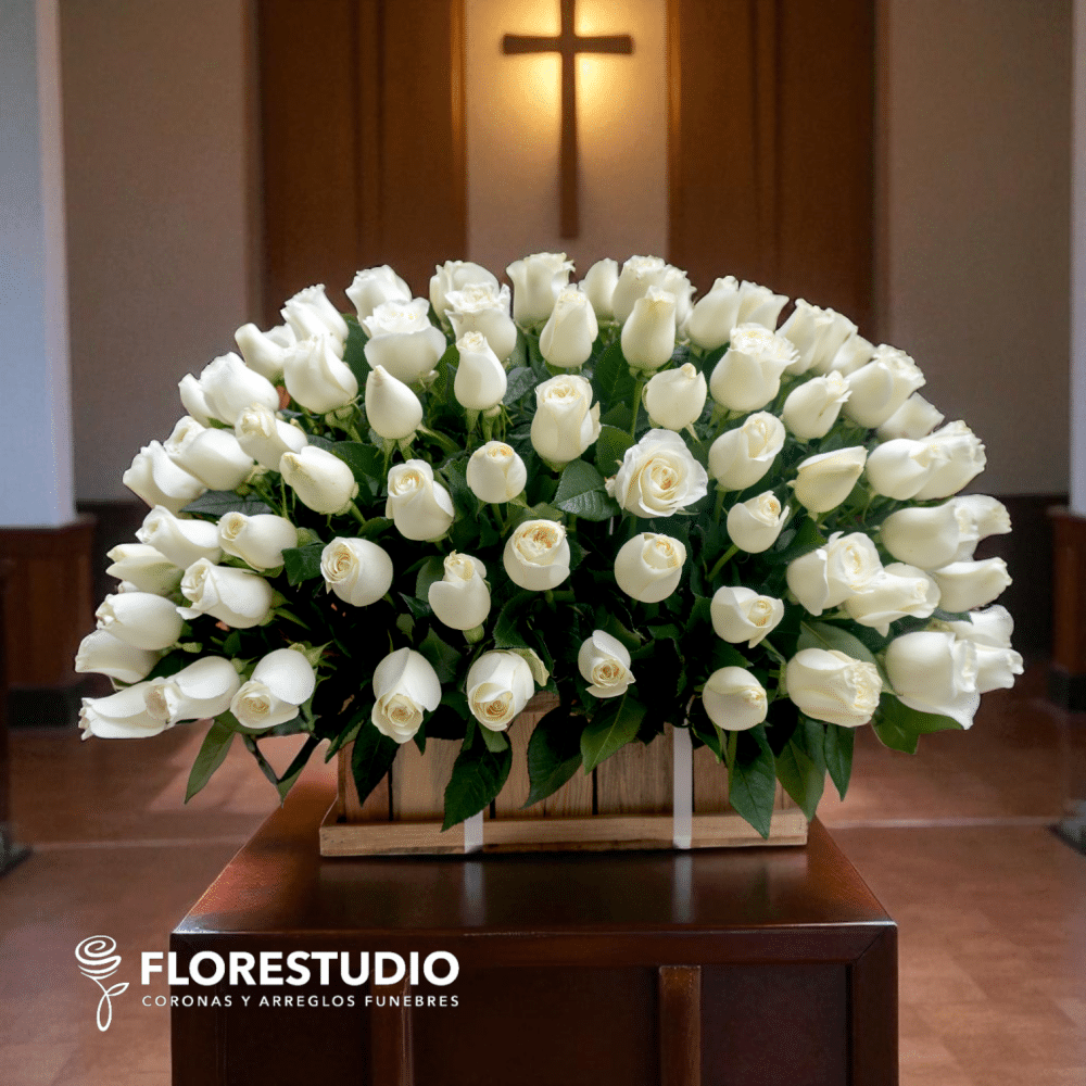 Pie de Caja “Descanso en la Luz” – Rosas Blancas en Honor Celestial Pie de Caja “Descanso en la Luz” – Rosas Blancas en Honor Celestial