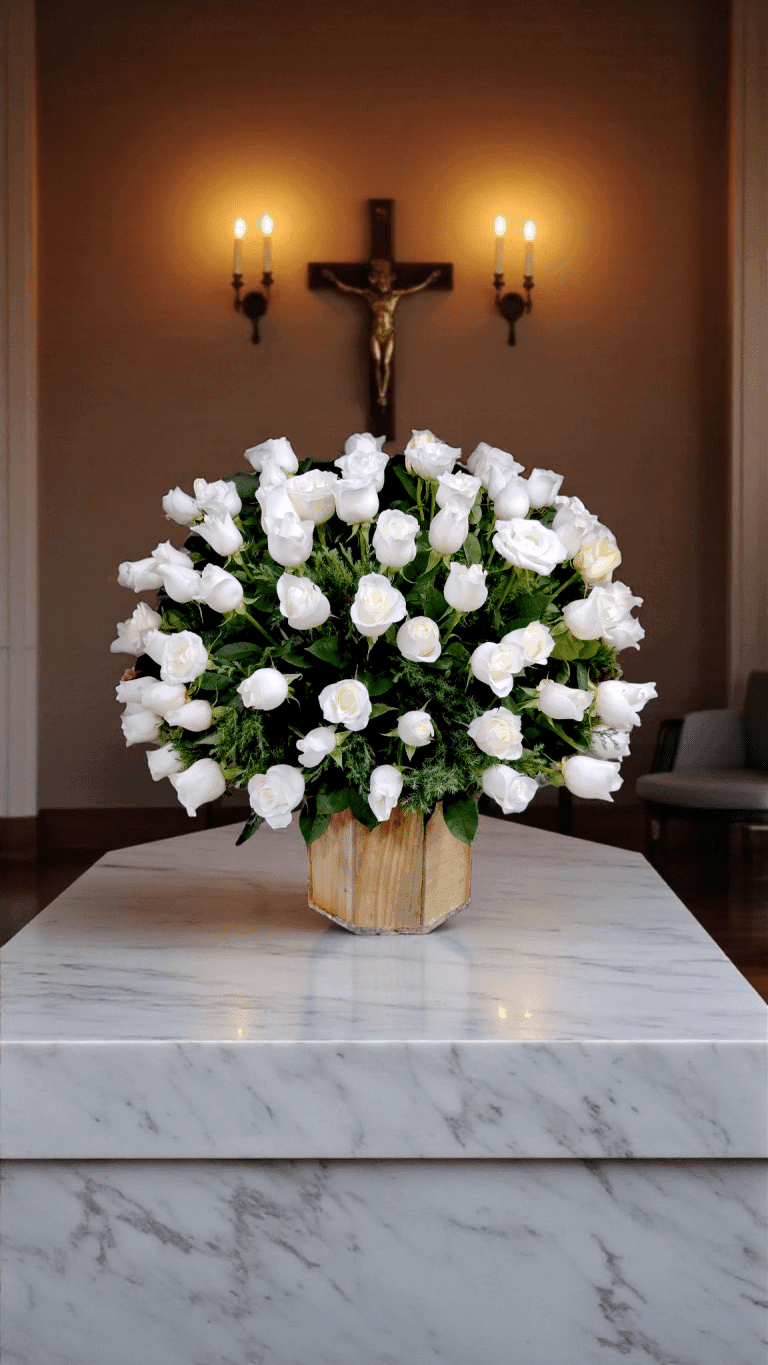 Pie de Caja Luz Serena, Tributo con Rosas Blancas