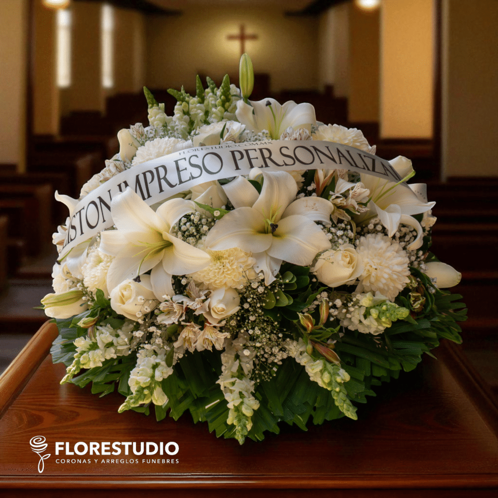 Cubre caja fúnebre con flores blancas finas y listón personalizado – Florestudio Guadalajara
