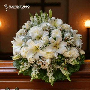 Cubre caja fúnebre con flores blancas finas y listón personalizado – Florestudio Guadalajara