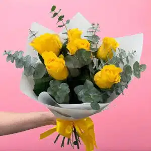 Ramo de 6 Rosas Amarillas – Brillo Dorado