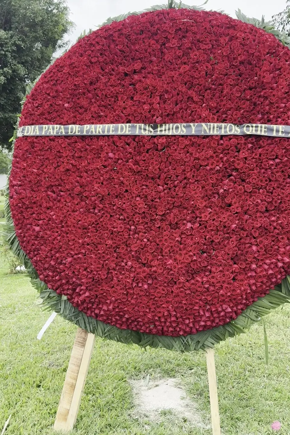 Corona de 5,000 rosas rojas en el panteón, sobre su base de madera, con listón de dedicatoria para el Día del Padre