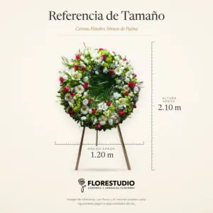 Corona Fúnebre Abrazo de Palma, referencia de tamaño: 2.10 m de alto y 1.20 m de ancho