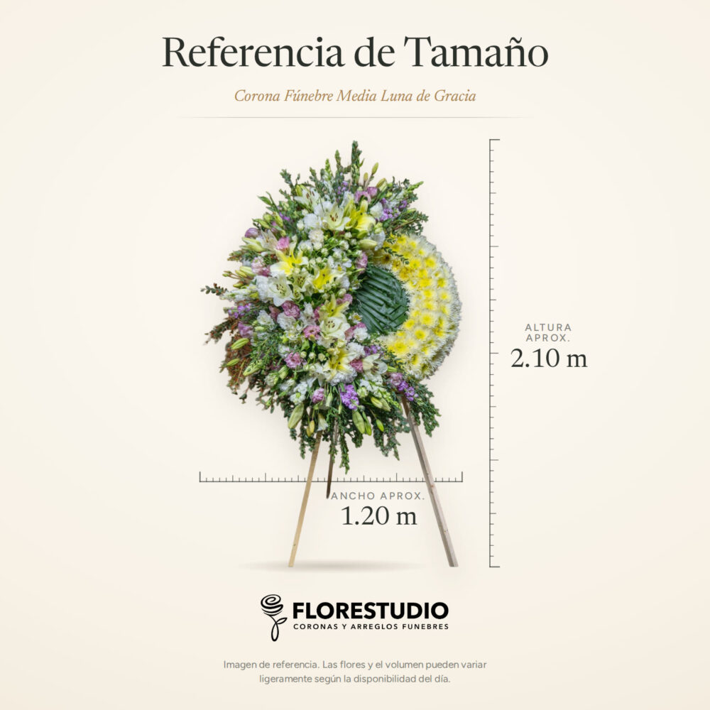 Corona Fúnebre Media Luna de Gracia, referencia de tamaño: 2.10 m de alto y 1.20 m de ancho Corona Fúnebre Media Luna de Gracia, referencia de tamaño: 2.10 m de alto y 1.20 m de ancho
