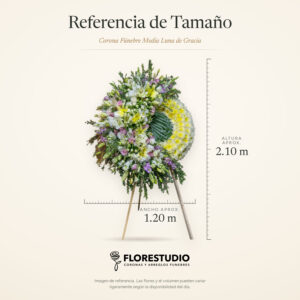 Corona Fúnebre Media Luna de Gracia, referencia de tamaño: 2.10 m de alto y 1.20 m de ancho